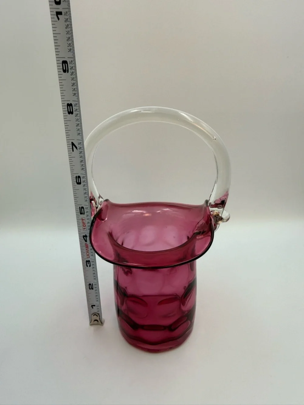 Vintage Cranberry Basket Inverted thumbprint dot Clear Applied Handled - Picture 7 of 8
